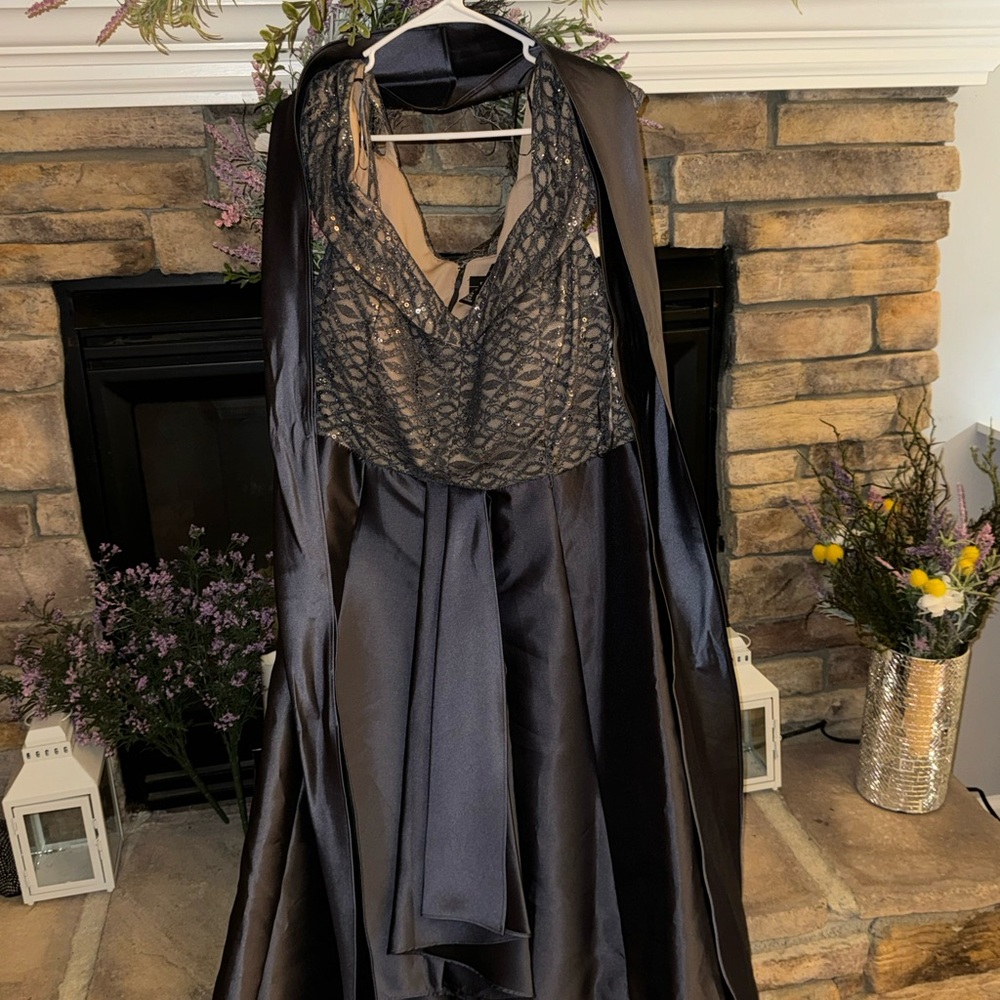 Brand New, R&M Richards charcoal and nude lace formal dress.